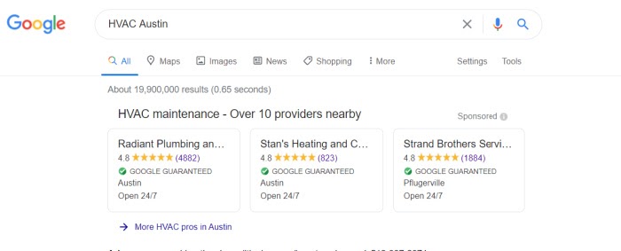  Exemplo de como os clientes podem saber se uma empresa foi garantida pelo Google